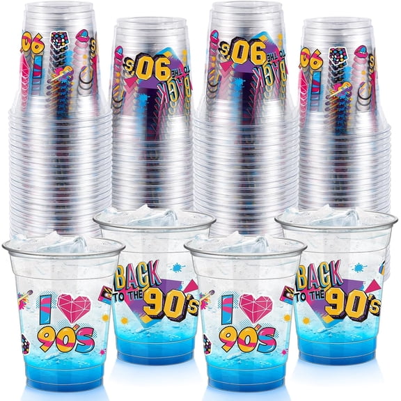 50 Pcs 90s Cups 12 oz Plastic Throwback Dance Glasses Clear Retro Music Disposable Glasses Hip Hop Drinking Cups for Home Retro Hip Hoptheme Party Favors Supplies Decoration (90s)