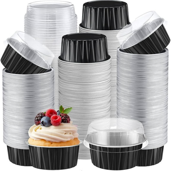 50 Pcs Aluminum Foil Baking Cups with Lids 5 oz Disposable Ramekins Mini Cake Pans Creme Brulee Cupcake Liners Muffin Tins Flan Mold Dessert Container for Wedding Birthday Party