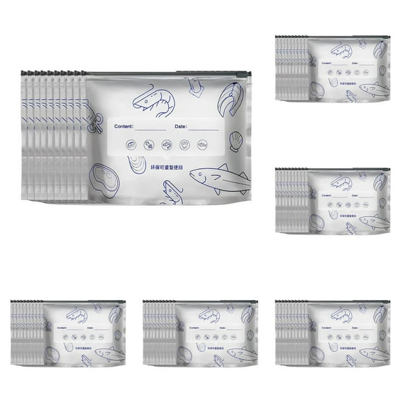 50 Pcs Aluminum Foil Freezer Bags, Reusable Food Storage And Preservation Slider Bags, Stand Up Foil Sealable Bags With Label And Zip Lock For Vegetable Fruit Meat,M