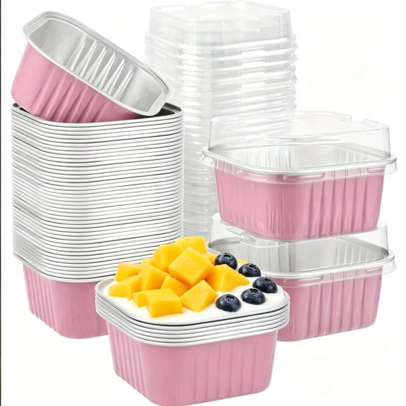 50 Pcs Aluminum Foil Mini Square Baking Cups with Lids, 5 oz Disposable Ramekins and Cake Pans, Cupcake Baking Cups Containers for Bread, Muffin, Brownie and Cheesecake Pink