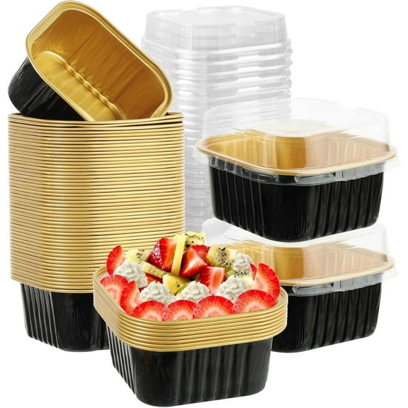 50 Pcs Aluminum Foil Mini Square Baking Cups with Lids,5oz Disposable Ramekins Cake Pans,Cupcake Baking Cups Containers for Bread Muffin Brownie Cheesecake,Black Gold