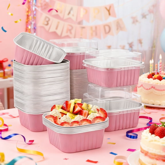 50 Pcs Aluminum Foil Mini Square Baking Cups with Lids, 5oz Disposable Ramekins Cake Pans, Cupcake Baking Cups Containers for Bread Muffin Brownie Cheesecake