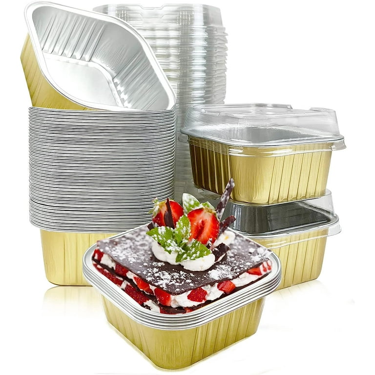 50 Pcs Aluminum Foil Mini Square Baking Cups with Lids 5oz Disposable Ramekins Cake Pans Cupcake Baking Cups Containers for Bread Muffin Brownie Cheesecake Gold Walmart
