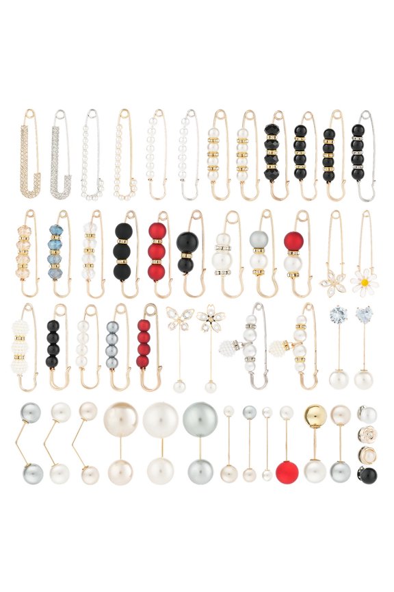50 Pcs Artificial Pearl Rhinestone Brooch Set, Retro Faux Pearl Safety Pin Jewelry for Ladies, Women