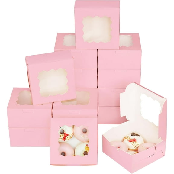 50 Pcs Bakery Boxes, 4x4x2.5in Cookie Boxes with Window, White Treat Containers for Wedding, Birthday, Donuts, Chocolate Strawberries, Pie