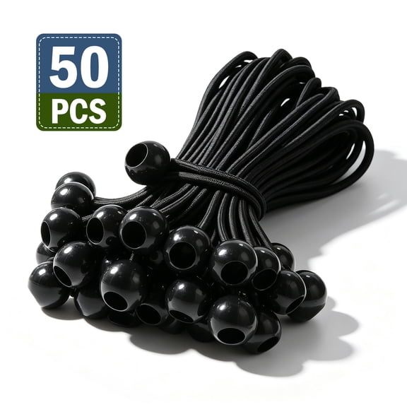 50 Pcs Ball Bungee Cords 6 Inch Black Heavy Duty Outdoor Stretchy Tarp Tie Downs for Canopy Tent and Securing Covers with Plastic Balls for Camping and Travel