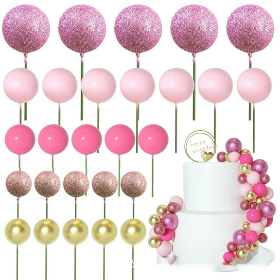 50 Pcs Ball Cake Topper Sticks Mini Balloons for Decorating Supplies Foam Balls Cake Toppers, Birthday - Rose Red