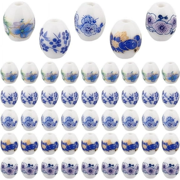 50 Pcs Barrel Porcelain Beads 10.5mm 5 Colors Handmade Beads Blue and White Porcelain Beads Large Hole Flower Ceramic Beads Colorful Ceramic Beads for Jewelry Making DIY Crafts