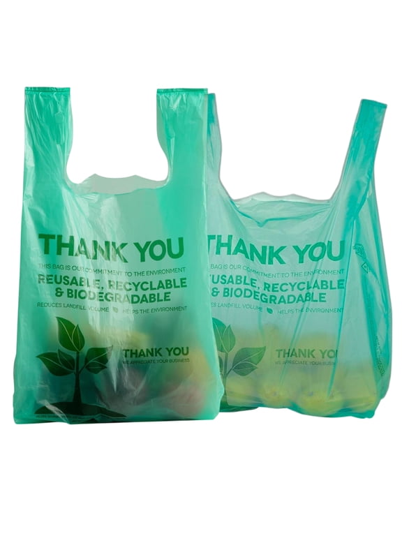 50 Pcs Biodegradable T-Shirt Bags with Handles, 22 x 12 in, Green Thank You Carry Out Bags for Grocery, Retail, Restaurant and To-Go Use