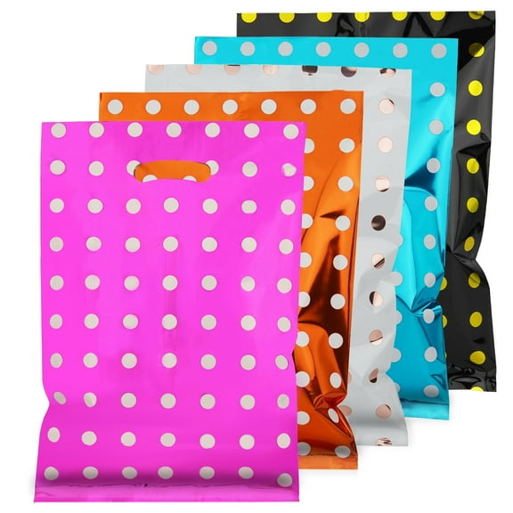 AluAbi Birthday Party Gift Bags Polka Dot Plastic with Handles 50 Count Medium