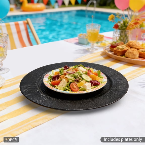 50 Pcs Black Charger Plates Set, 13 Inch Reusable Serving Plates Smooth Edges Round Matte Reef Plate Chargers for Table Setting Wedding Party Event Decoration (Black)