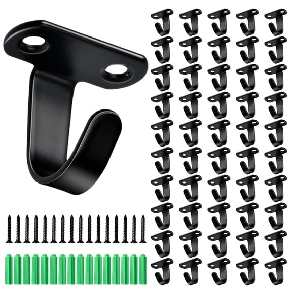50 Pcs Black Stainless Steel Heavy Duty Hooks with 100 Pcs Screws and Anchors, 1.4 in Wall Mounted Ceiling Hooks, Rustproof, Wall Screw-In Hooks for Home, Kitchen