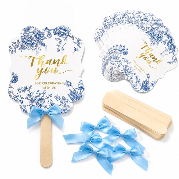 PanJoidys 50 pcs Blue Paper Hand Folding Fan Craft Kit, DIY Assembly Set with Accessories for Baby Shower Wedding Party Celebration