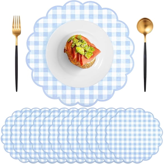Jaikg Table Place Mats Scalloped Blue and White Gingham Paper, 50 Count, 13.5 Inch