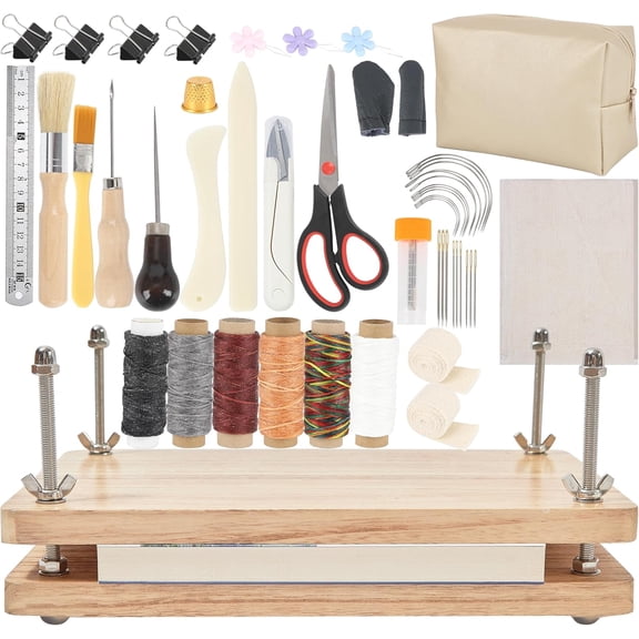 50 Pcs Book Binding Kits, 13"x7.9" Inch Wooden Book PressBooks Binding Materials, with Bone Folder, Awl, Needles for DIY Bookbinding, BookRepair, Handmade Crafts