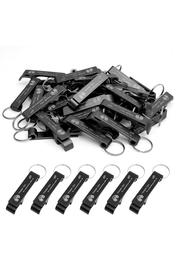 50 Pcs Bottle Opener Keychain Bulk Thank You For Celebrating With Us for Guests Personalized Aluminum Beer Bottle Opener Keychain Favors for Birthday Wedding Bridal Shower Gift Game Souvenirs (Black)