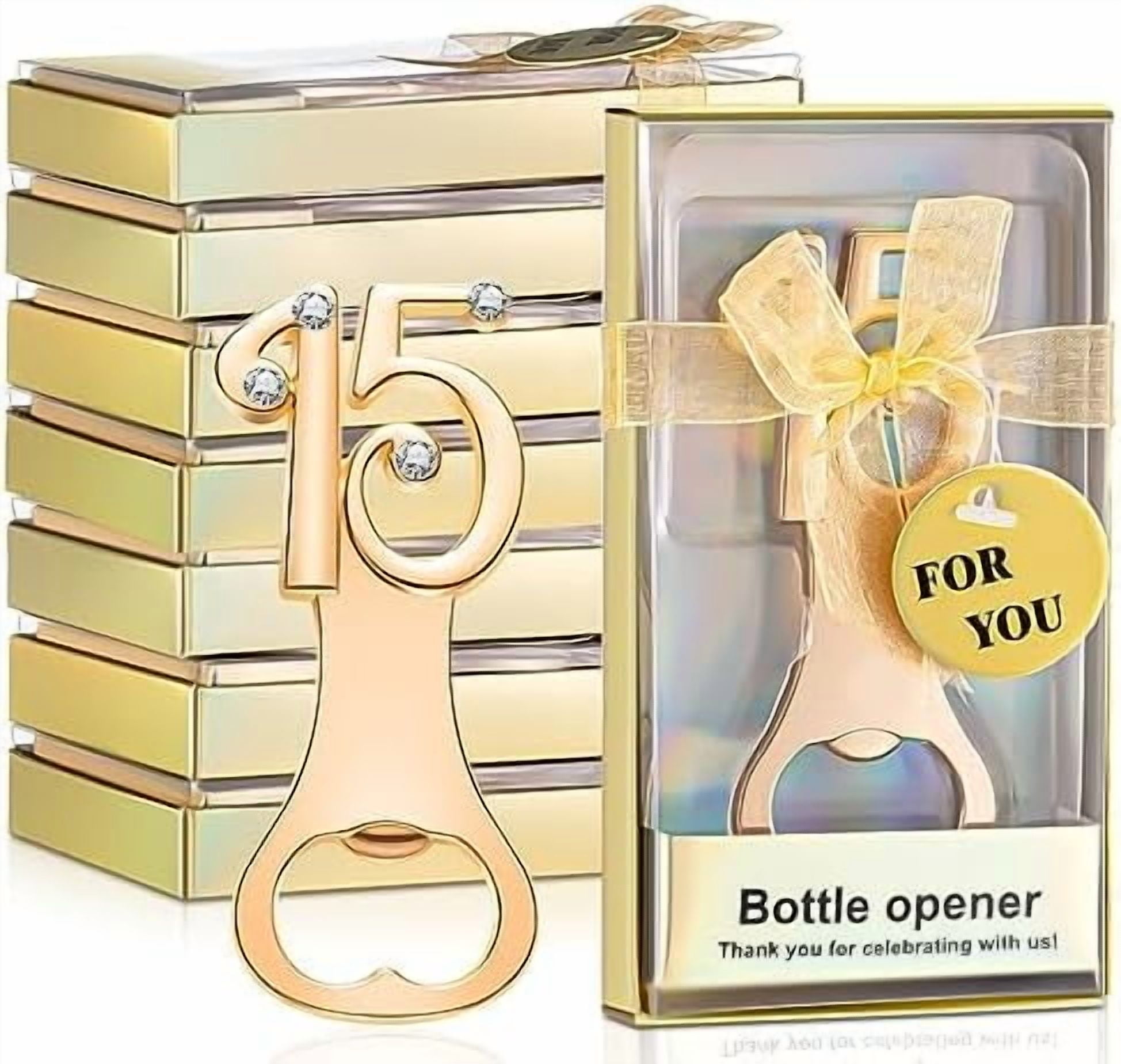 50 Pcs Bottle Openers for 15th Birthday Party Favors Quinceanera Wedding Gifts Decorations or Souvenirs with Gift Boxes Golden Anniversary Party Favors for Guests with Rhinestones