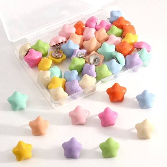 50 Pcs Boxed Colorful Stars Push Pins, Decorative Cute Wall Thumb Tacks for Cork Board, Bulletin Board, Hanging Photo Poster, Home Office Supplies