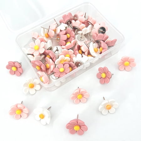 50 Pcs Boxed Pink White Flower Push Pins, Decorative Cute Wall Thumb Tacks for Cork Board, Bulletin Board, Hanging Photo Poster, Office Supplies