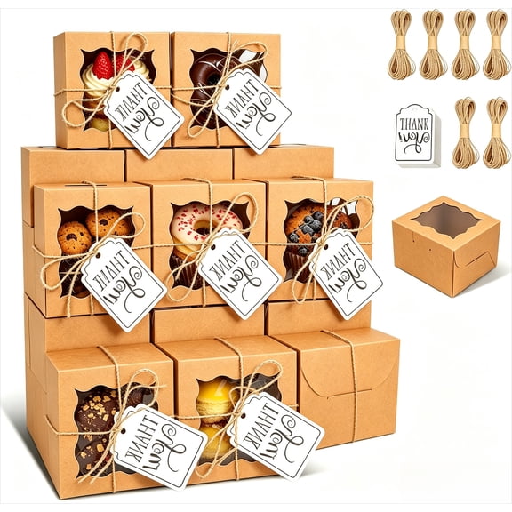 50 Pcs Brown Bakery Boxes with Window Individual Cupcake Boxes 4x4x2.5 Inches Cookie Boxes Kraft Paper Brown Gift Box for Pastries, Cookies, Pie, Donuts, Macaroon (Brown)