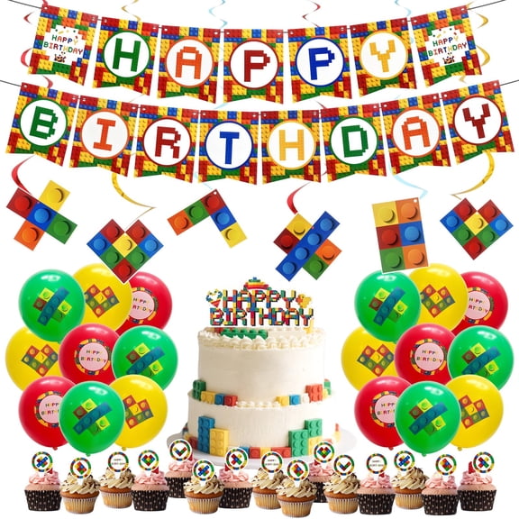 50 Pcs Building Party Decorations KKS1Set, Building Themed Birthday Decor Colorful Bricks Decorative Supplies Include Banner Balloons Toppers Hanging Swirls for Birthday Party Accessories