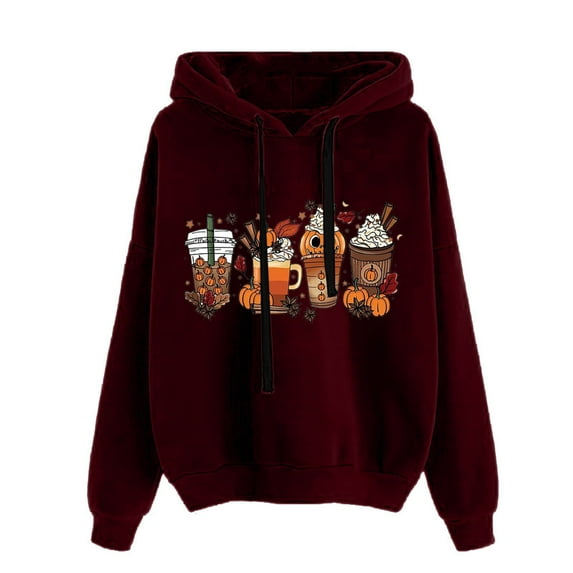 2024 Hot Womens Sweatshirt on Clearance Women's European American Winter New Women's Fashion Large Print Casual Hooded Sweater Top Fall Womens Clothes, Wine XL