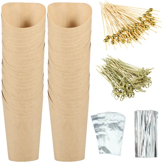 50 Pcs Charcuterie Cups with 200 Bamboo Sticks 50 Bags and 50 Ties 14oz Snack Serving Cup Paper Appetizer Cup Handheld French Fries Holder for Fruits Appetizers