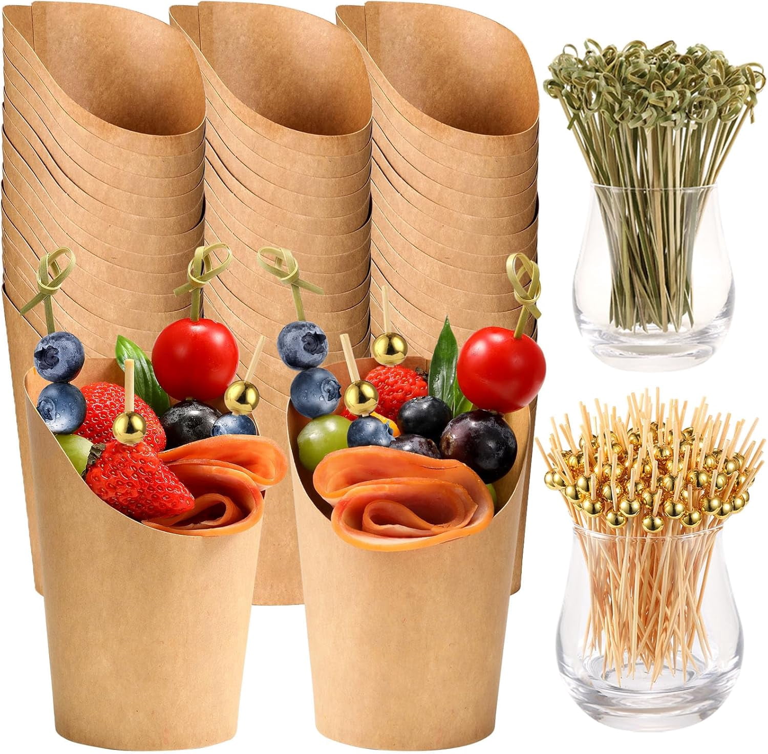 50 Pcs Charcuterie Cups with Skewers, 12 Oz Paper Snack Appetizer Cocktail Picks, French Fry Holder Brown Kraft , Disposable Popcorn Boxes Cones, Party Board Favor(50 ConeCups + 200 Sticks)