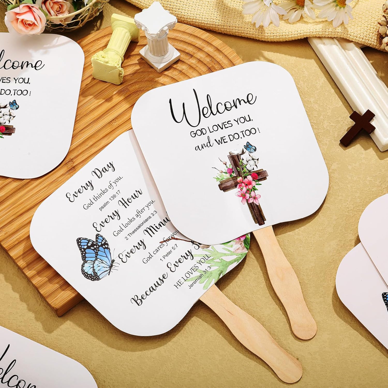 50 Pcs Christian Church Thick Paper Fans Religious Handheld Fan Bulk Wooden