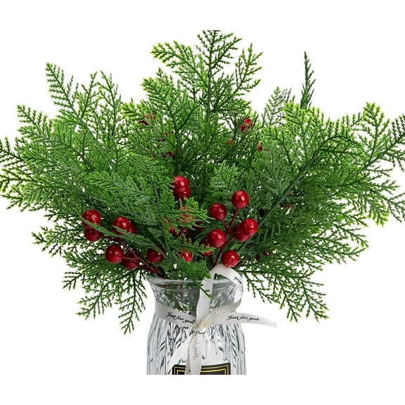 50 Pcs Christmas Artificial Pine Branches with 10 Pcs Artificial Red Berry Stems- Red Berry Evergreen Pine Leaves Branches- Fake Foliage Pine Needles for DIY Christmas Home Decoration