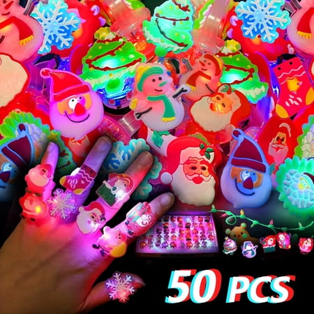 50 Pcs Christmas LED Flash Light up Rings Christmas New Year Party Favors for Kids Adults Christmas Party Toy Stocking Stuffer LED Flashing Rings Glow in the Dark Christmas Toys Gifts Decoration