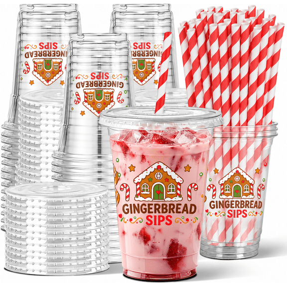 50 Pack 16 oz Christmas Disposable Plastic Cups, Clear Plastic Cups with Lids and Red White Paper Straws, Holiday Christmas Cold Drink Cups for Parties, Events and Gatherings