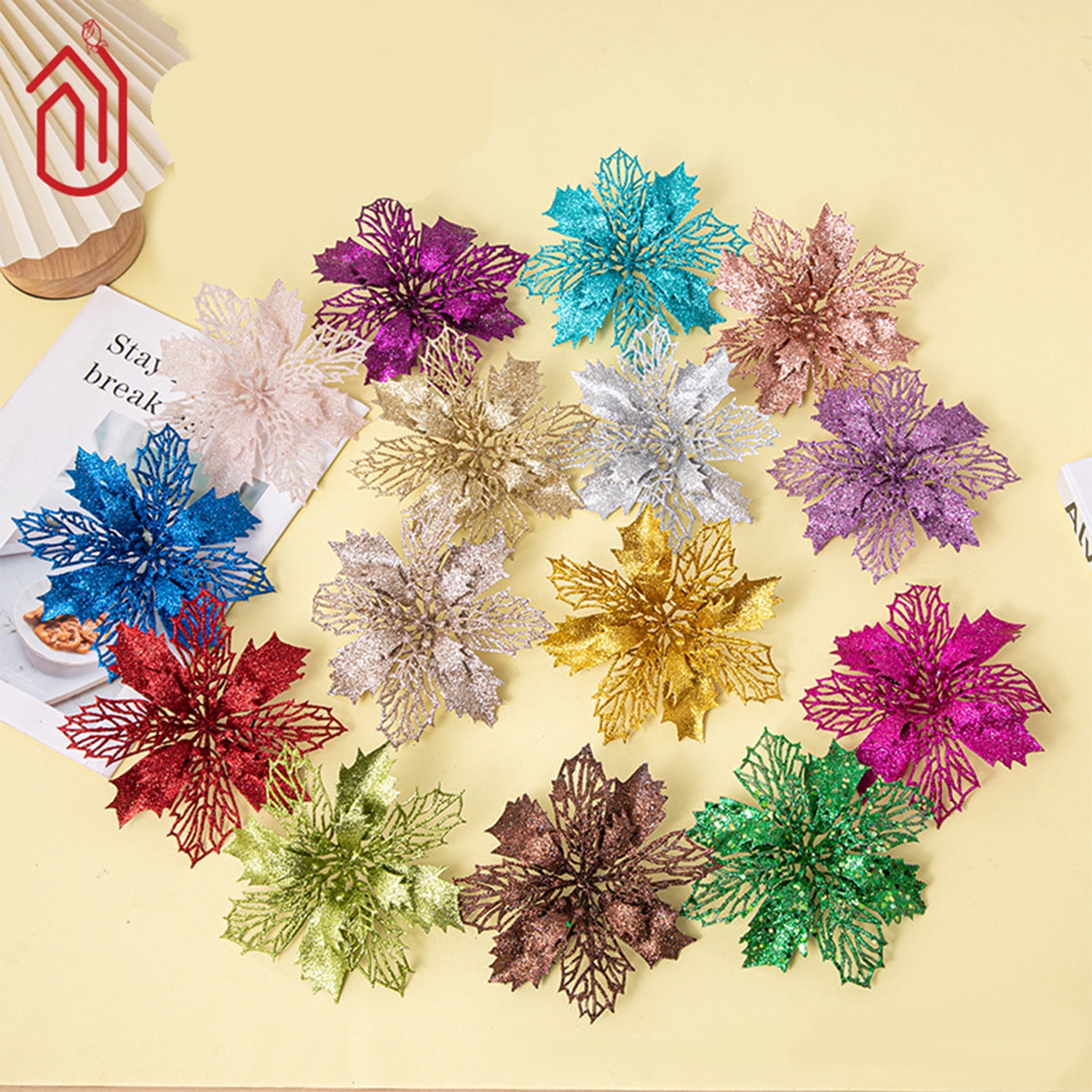 50 Pcs Christmas Poinsettias Xmas Decorations, 10 colors Glitter Artificial Flowers for Wreath Xmas Tree Ornament Wedding Party DecorMulticolor