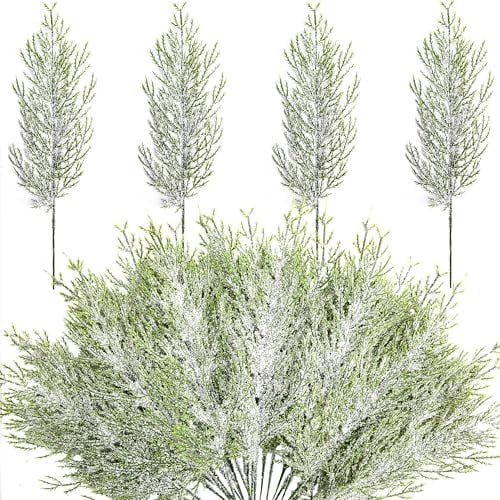 50 Pcs Christmas Snow Frosted Pine Branches- 13.5" Snowy Artificial Pine Needles Branches Twigs- Greenery Ceder Sprigs Pine Picks Stems for Christmas Wreath Home Garden Decoration