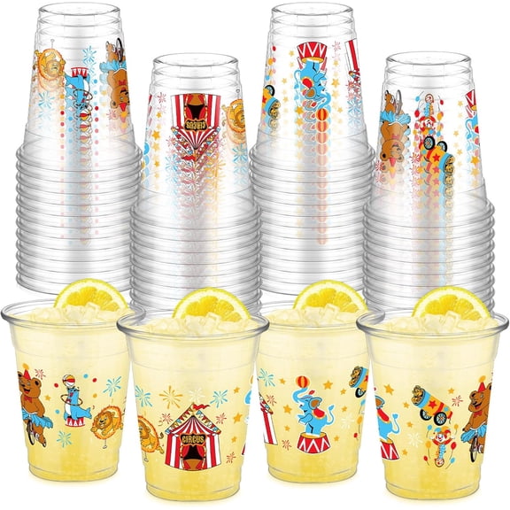 50 Pcs Circus Cups 12 oz Plastic Circus Birthday Cups Clear Circus Disposable Cups Circus Theme Drinking Cups for Home Party Circus Theme Birthday Baby Shower Supplies Decoration (Circus)
