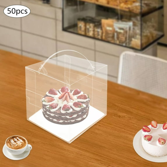 50 Pcs Clear Cake Boxes Square Clear Cake Boxes Cake Carrier with Handle