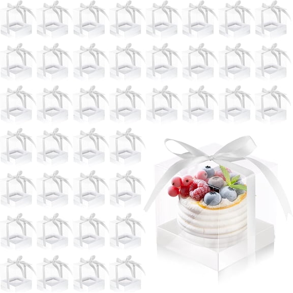 50 Pcs Clear Cupcake Boxes Individual 3.5 Inch Plastic Single Cupcake Containers Boxes with Inserts and Ribbon Individual Cake Storage Holders for Cake Kitchen(White)