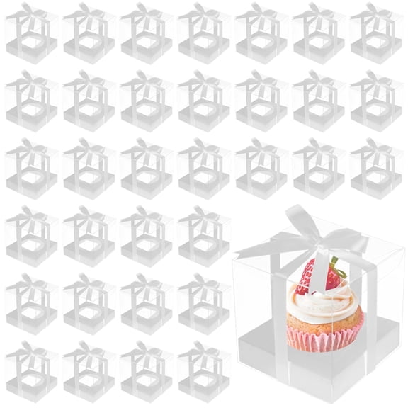 50 Pcs Clear Individual Cupcake Boxes, 3.5x3.5x3.5" Single Cupcake Containers with Inserts & Ribbons, Transparent PET Single Dessert Carriers for Parties, Weddings, Birthdays