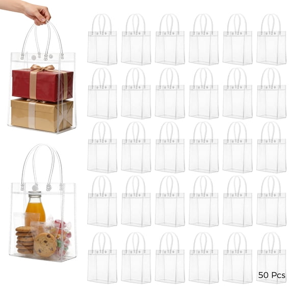 50 Pcs Clear Plastic Gift Bags, 5.9 x 6.3 x 2.8 in PVC Party Favor Bags with Handles & Snap Buttons, Reusable Waterproof Goodie Tote Pouches for Birthday, Valentine's Day & Wedding Gift Wrapping