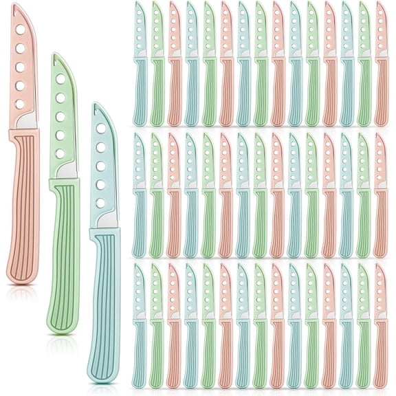 50 Pcs Colored Paring Knife 6.5 x 2.8 Inch Kitchen Fruit and Vegetable Knife with Straight Edge for Chef Cutting Peeling Cooking, Plastic Handle and Sheath, Pink Green Blue