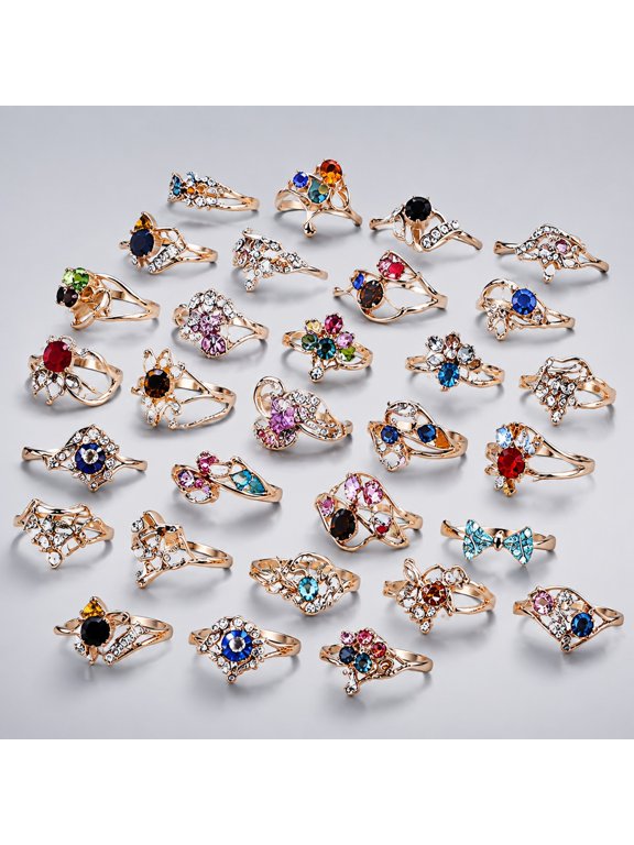 50 Pcs Colorful Mixed Rings with Rhinestones, Assorted Stackable Finger Rings for Women, Zinc Alloy Fashion Jewelry for Friends, Parties, Christmas Gifts and Holiday Celebrations