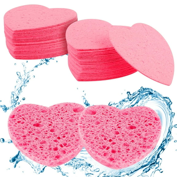 50 Pcs Compressed Facial Sponges, Trianu Natural Cosmetic Spa Sponges Heart Shaped Face Exfoliator Sponge for Facial Cleansing, Exfoliating Mask, Pink