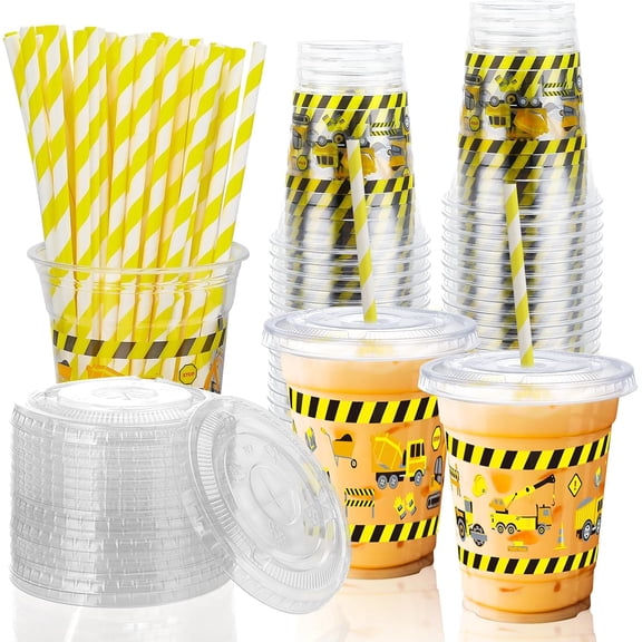 50 Pcs Construction Truck Plastic Cups with Lids and Straws,12 oz Construction Reusable Cups Disposable Cups for Party Drinking,Plastic Tumbler for Birthday Party Construction Theme Party