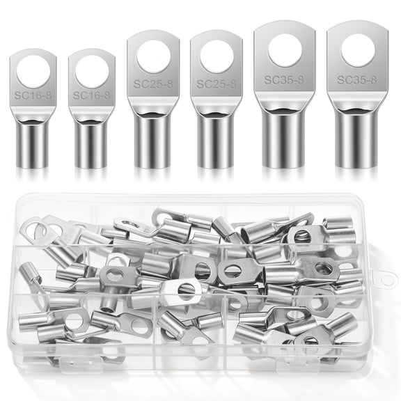 50 Pcs Copper Wire Lugs Battery Cable Ends 3 Sizes Battery Terminal Connectors Assortment Kit for Workshop Garage DIY Projects