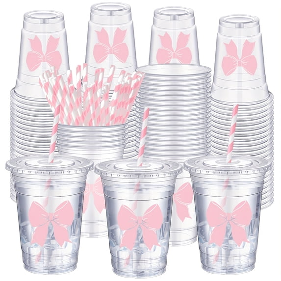 50 Pcs Coquette Pink Cups 16oz Transparent with Cute Straws, for Bow ...