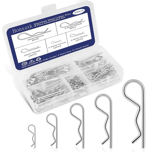 50 Pcs Cotter Pins Assortment Kit, Heavy Duty R Clips Hardware Pins, 5 Sizes Spring Fasteners Hitch Pin for Trailer Locking, Lawn Mowers, Clamps, and Trucks