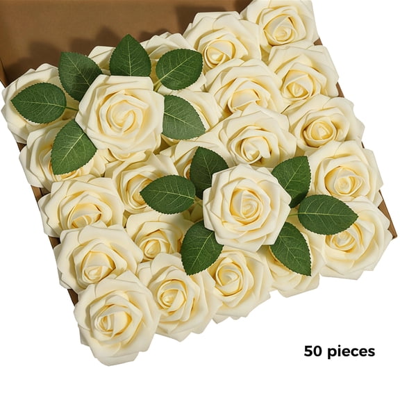 50 Pcs Cream White Fake Roses in Box, Real Touch Foam Rose Bulk, 3 in / 7.5 cm Artificial Flowers with 7 in / 18 cm Stem, DIY Wedding Bouquets for Party, Home Decorations