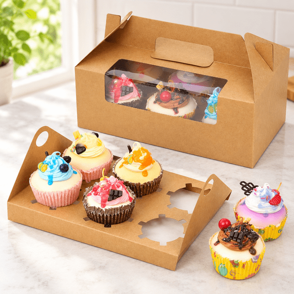 50 Pcs Cupcake Boxes 6 Count with Handle, Kraft Portable Muffin Boxes, Gable Party Favor Treat Boxes for Wedding Birthday Party