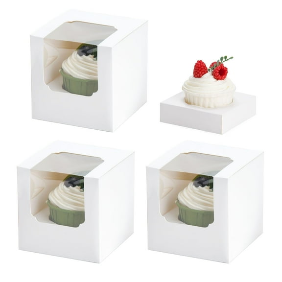 50 Pcs Cupcake Boxes Individual Cupcake Containers Pre-Assembled Single Cupcake Boxes 3.5"x3.5"x3.5" with 50 Pcs Inserts for Cupcakes Muffins Party Favors(White)