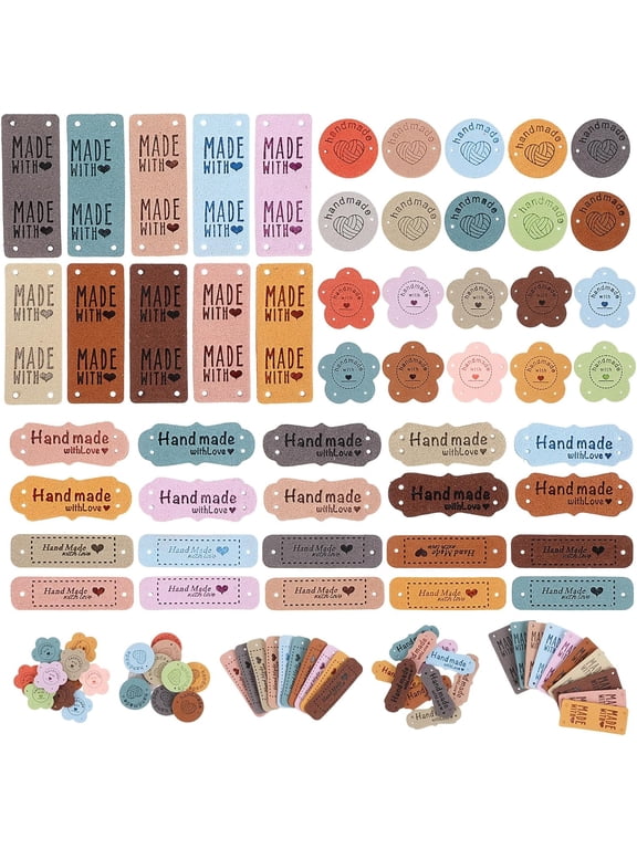 50 Pcs Custom Labels, Handmade Tags, Personalized Faux Leather Tags | for Crochet and Knits Projects, Made with Love, Cute Label, Handmade Items, with Hole, for DIY Hat Jeans Bags Shoes Crafts